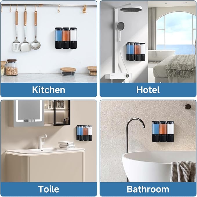 Shampoo and Conditioner Dispenser Wall Mounted, Shower Soap Dispenser No Drill Upadate Easy Slot Install, Shampoo Dispenser for Shower Bathroom Large Capacity 500ml * 3 Chamber Holder Black