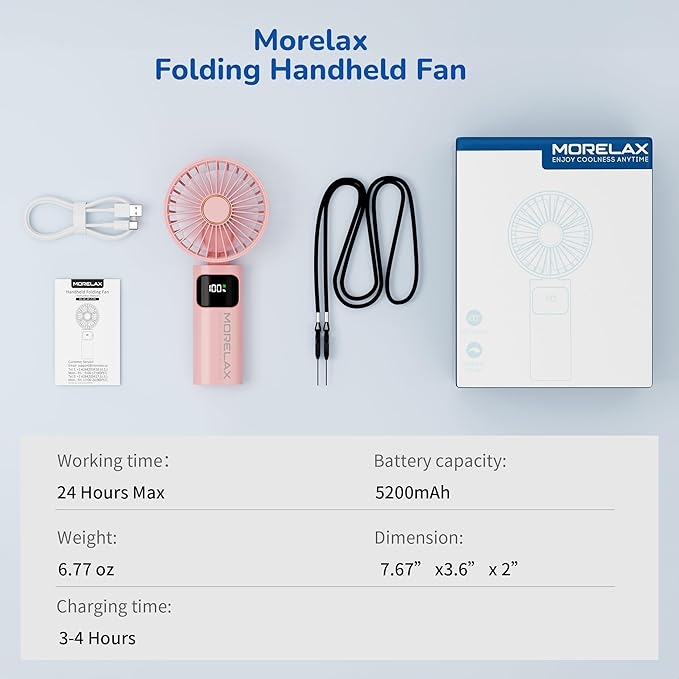 Portable Handheld Fan, USB Rechargeable Foldable Mini Personal Fan, 5200mAh, 180 Adjustable, 6 Speed Wind, 3 IN 1 Hand Cooling Desk Fan with LED Display for Home Office School Outdoor Travel, Pink