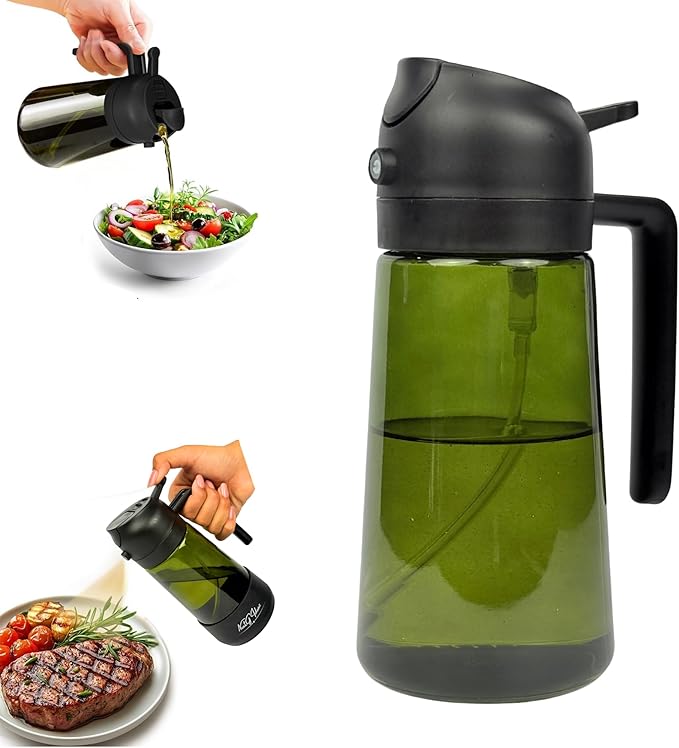 Oil Dispenser, 2 In 1 Cooking Oil Sprayer and Pourer, Non-Drip Spout for Kitchen Oil, Air Fryer, Salad, Grill, 16oz/470ml with Silicone-Encased Base (Black Cap, Green Bottle)