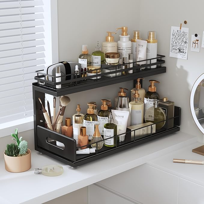 Under Sink Organizer Upgrade To Professional Rails,2-Tier Dual Pull Out Cabinet Storage,Height Adjustable Slide Out Drawers For Bathroom Kitchen