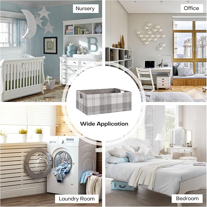 Fabric Storage Bin Box Collapsible Cotton Linen Storage Cube with Wooden Handles Rectangular Decorative Home Organizer Clothes Blanket Basket– Light Gray Plaid, Large