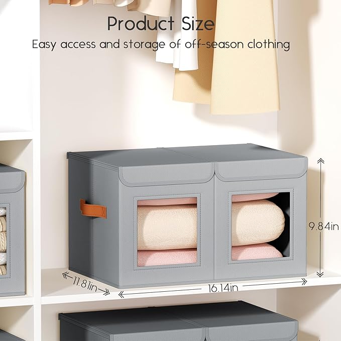 Homsorout Large Closet Storage Bins - Collapsible Divided Clothes Organizer with Lids & Dual Window, Fabric Organizing Bins for Clothes, Sweater, Bedroom, Office (Grey, 3 Pack)