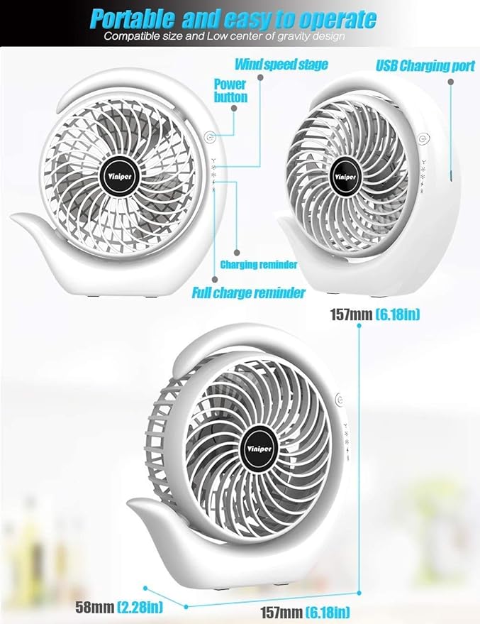 Viniper Portable Rechargeable Fan, Small Desk Fan : 3 Speeds & about 8-24 Hours Longer Working, 180 Rotation, Portable Desktop Fan Small but Mighty, Strong Wind (Blue, Light Black Blade) 6.2 INCH