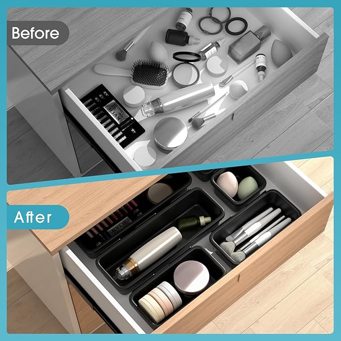 6 PCS Drawer Organizer Set, 3 Size Makeup Drawer Divider Organizer With Non-Slip Pads, Interlocking Plastic Storage Bins for Office,Jewelry Vanity,Gadgets, Bathroom,Kitchen, Black