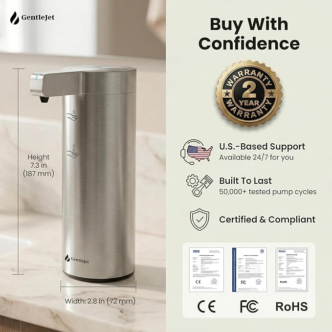 GentleJet SmoothDrop Automatic Liquid Soap Dispenser – Touchless, No-Drip Precision Pump, USB-C Rechargeable, 304 Stainless Steel, Waterproof Countertop Dispenser for Kitchen & Bathroom Sink, 270 ml