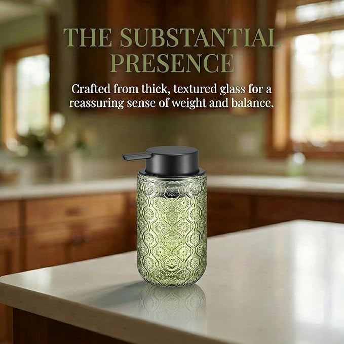 Green Glass Liquid Hand Soap Dispenser with Matte Black Pump Thick Embossed Bottle Refillable for Bathroom and Kitchen Decor 13.5 oz