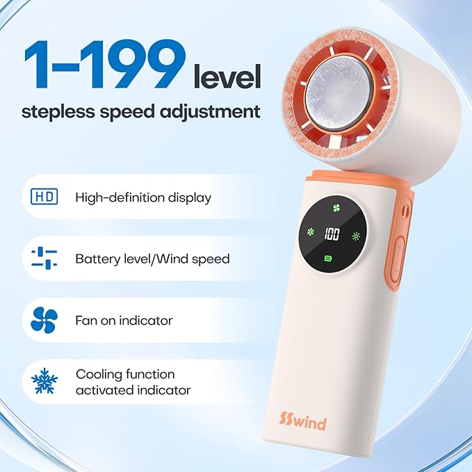 6000mAh Portable Handheld Fan with Ice Cooling, 199 Levels Stepless Speed, 20H Long Battery Life, 20000RPM Turbo Fan Rechargeable Personal Mini Fan for Travel, Outdoor, Makeup (White)
