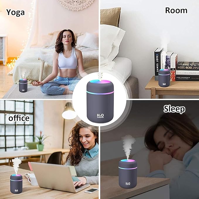 Mini Humidifier,300ml Small Cool Mist Humidifier with 7-Color LED Night Light,USB Personal Desktop Humidifier,2 Adjustable Mist Modes,Auto Shut-Off,Ultra Quiet,for Car,Office,Bedroom (Dark gray)
