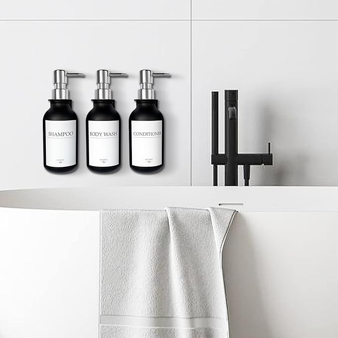 Shampoo Dispenser for Shower Wall, Shampoo and Conditioner Dispenser with 16 Waterproof Labels, No Drill Shower Soap Dispenser Bathroom, Shower Soap Dispenser Wall Mounted,17oz, 3 Pack, Silver Black