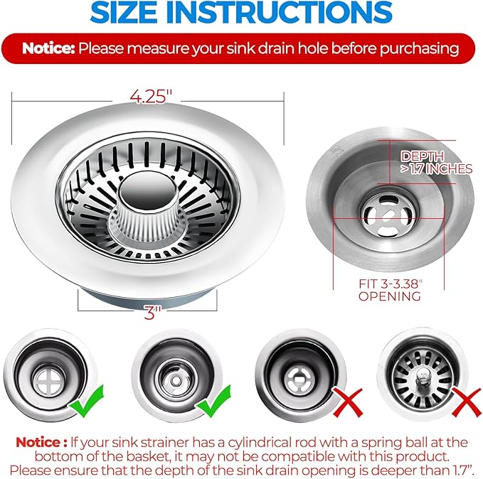 zaa Kitchen Sink Drain Strainer - Kitchen Sink Stopper, 304 Stainless Steel Sink Drain Stopper, Sink Protector for Kitchen with Anti-Clog Filter
