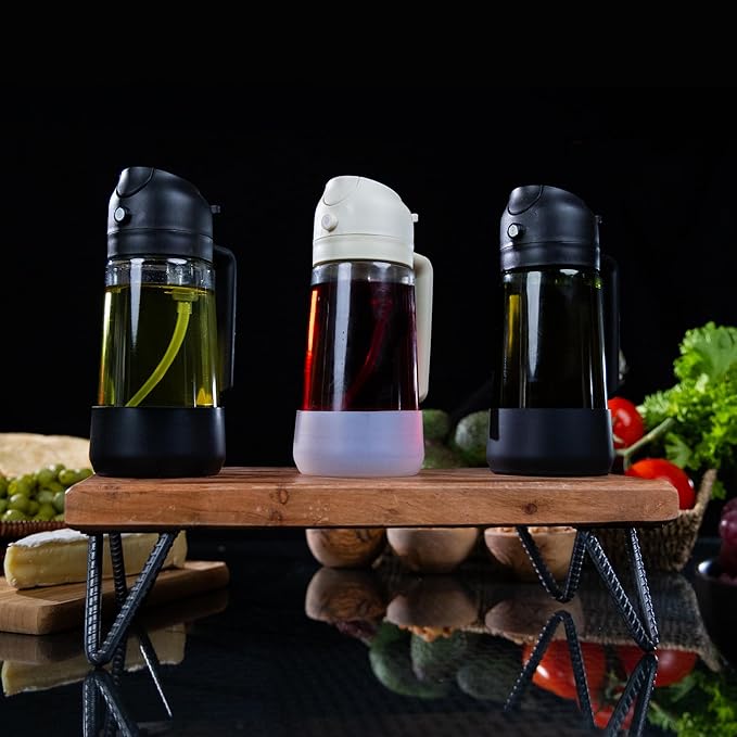 MBO 2-in-1 Olive Oil Spray Bottle for Cooking – 16oz / 470ml Glass Dispenser with Silicone-Encased Base, Mist & Pour Spout – Refillable Kitchen Gadget for Air Fryer, Salad, BBQ