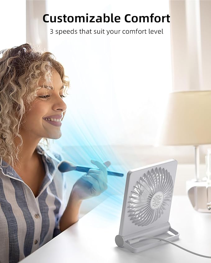 Koonie USB Fan, Strong Wind Quiet Small Desk Fan 220° Tilt Folding 3 Speeds Adjustable USB-C Powered Personal Fan for Home Office Desktop, White, NO BATTERY