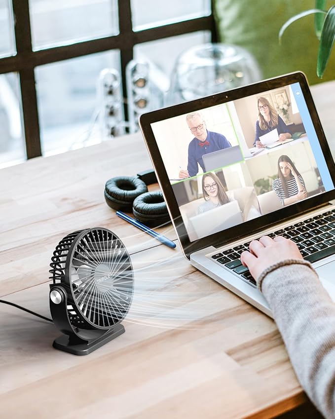 TriPole Small Desk Fan USB Powered Portable Fan 3 Speeds Strong Airflow Mini Fan 360°Rotation Personal Table Fans for Home Office Bedroom Desktop, 5.1 Inch Black, 4.9ft Cable