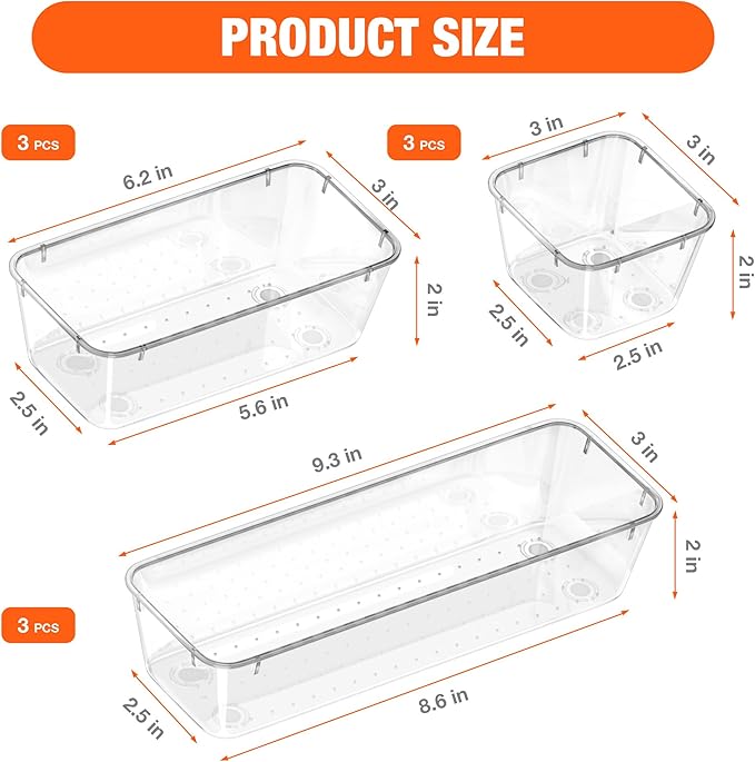 9 PCS Clear Plastic Drawer Organizers Set with Non-Slip Pads