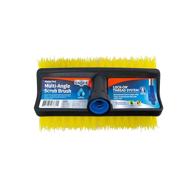 Unger Professional HydroPower Lock-On 10” Bi-Level Scrub Brush, Cleaning Supplies, Scrubber Tool, Compatible with Waterflow Poles, Use in Garage, Driveway, Deck, Concrete, Cement, and Brick