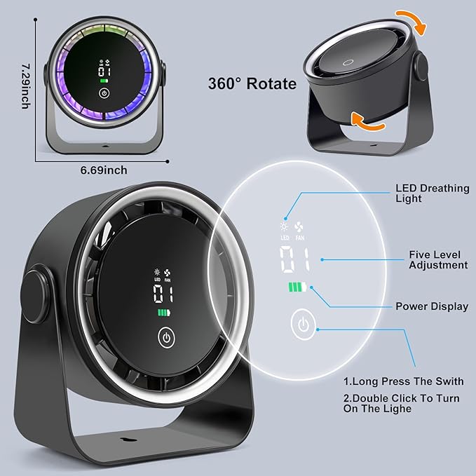 Small Desk Fan Battery Powered - Black Low Noise Quiet Portable Gentle Blowing without Headaches for Office Bedroom Sleep Living Room Table Top Wall Hanging Kitchen Travel Camping 5-Speed 360 Rotation