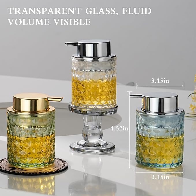 CICUFY Hand Soap Dispenser Glass, Refillable Liquid Dispenser for Bathroom & Kitchen,Lotion Dispenser with Large Gold Pump๏ผDiamond Pattern-Pink๏ผ