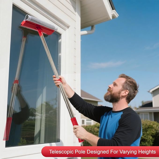 Window Squeegee with 15.7"-27.5" Retractable Stainless Steel Handle, 2-in-1 Windshield Cleaner Tool for Cars, Trucks, Glass Doors, Shower Glass