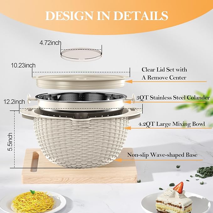4-1 Colander with Bowl Set, Food Strainers and Colanders, Fruit Washing Bowl with Strainer, Rotatable Colander for Kitchen, Aesthetic Kitchen Gadget