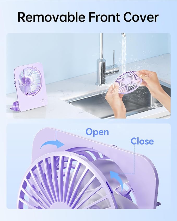 TriPole Desk Fan Small Portable Fan 2000 mAh Rechargeable Battery Ultra Quiet 4.5 Inch Mini Travel Fan with 180° Tilt Folding and 3 Speeds Adjustable for Home Office Desktop Purple