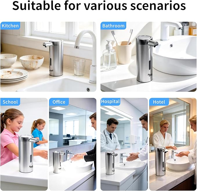Touchless Automatic Soap Dispenser,11.84 oz Rechargeable Automatic Soap Dispenser, 3-Level Adjustable Liquid soap Dispenser, Suitable for bathrooms and Kitchens (Stainless)
