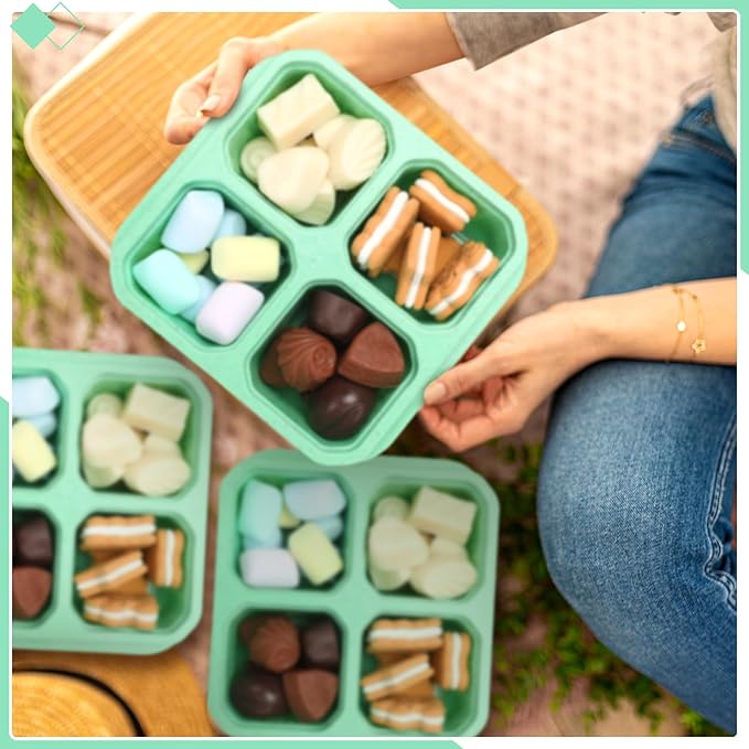 Ziliny 12 Pcs 4 Divided Compartments Snack Containers Bento Wheat Straw Snack Box with Lid Reusable Meal Prep Lunch Box Food Storage Containers for Adults Christmas Travel Work Gifts(Green)