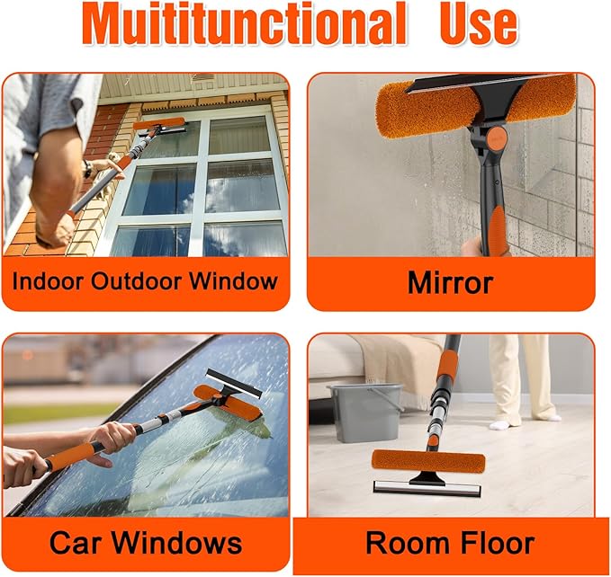 16FT Reach Window Squeegee Kit with Extension Pole, 2-in-1 Professional Washer for High Windows, 3-12FT Adjustable Reach
