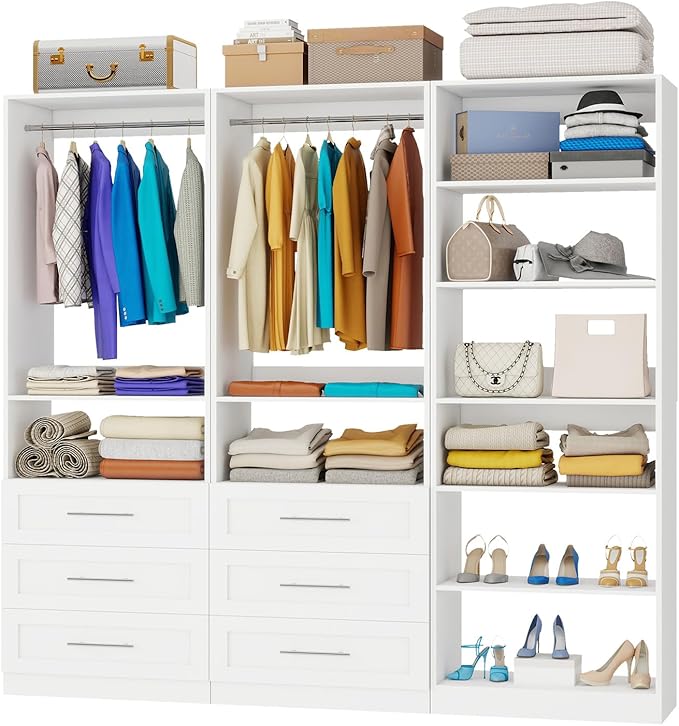 Closet System with 3 Sets, 6-15.8FT Custom Closet Organizer System with 6 Drawers & 8 Shelves & 5 Hanging Rods, Max 189"W Closet Shelving System