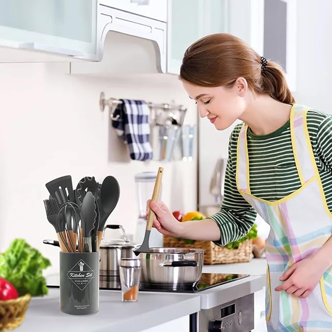 Kitchen Utensils Set of 12, Silicone Cooking Utensils with Non-Slip Wooden Handle and Organizer Bucket, 446°F Heat Resistant Cookware Utensils Set (Dark Grey)