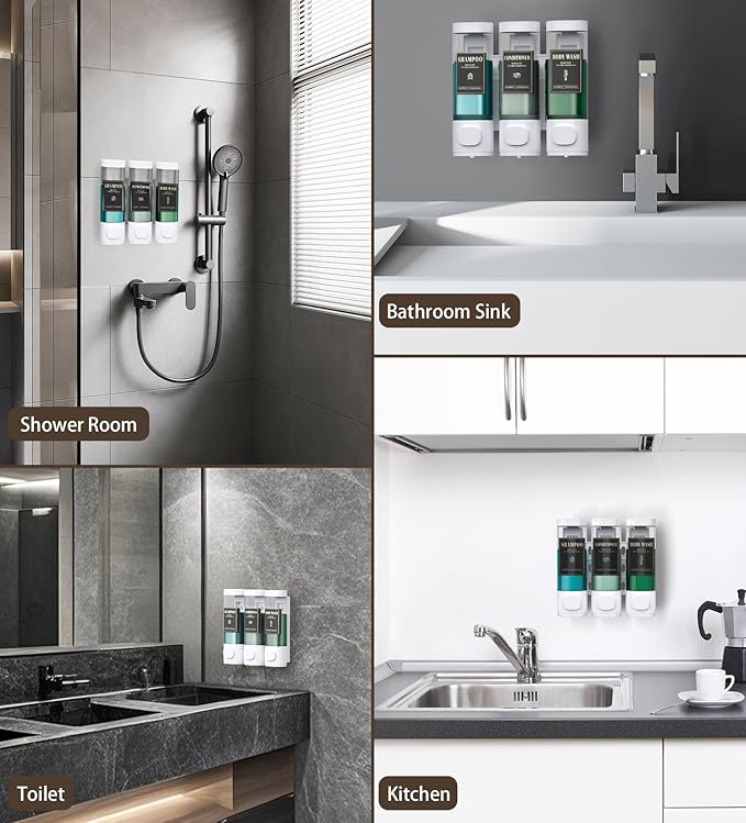 Luxspire Shampoo and Conditioner Dispenser, No Drill Wall Mounted Shower Soap Dispenser 3 Chamber with Waterproof Labels, Easy Refill Soap Dispenser for Bathroom Hotel Kitchen, White