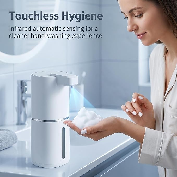 Automatic Touchless Foam Soap Dispenser, 4-Level Adjustable Foam, Continuous Foaming and Self-Cleaning Mode, Type-C Rechargeable, Wall Mount or Countertop (Foam)