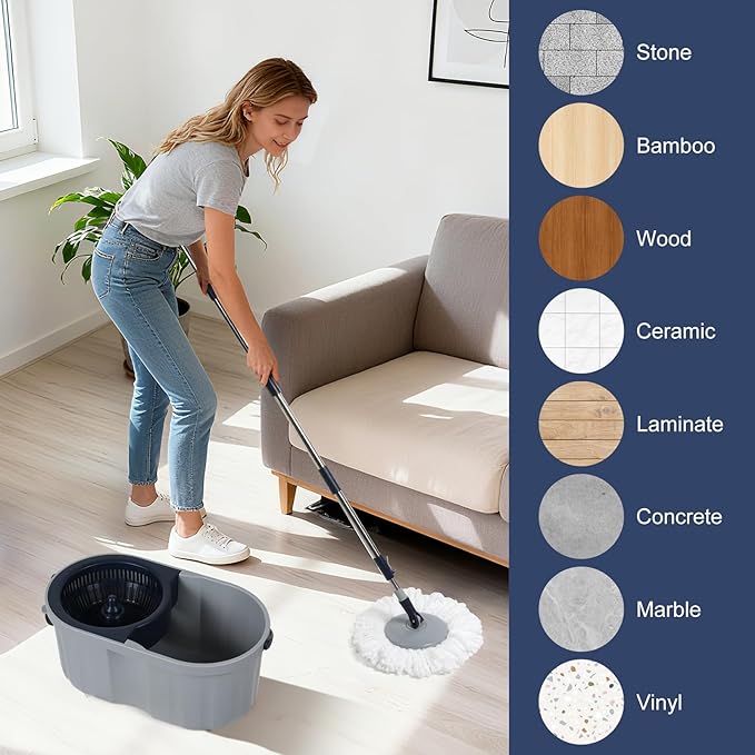 Spin Mop and Bucket System with180-Degree Rotating Head Telescopic Handle Dual Chamber Bucket Floor Cleaning Set with 3 Mop Refills Dual-Function Wringing Hand-Press and Foot-Pedal