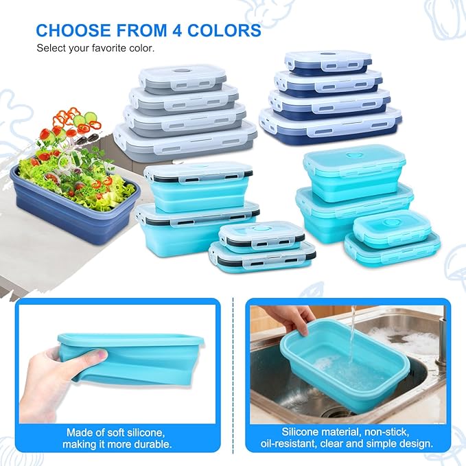 Collapsible Silicone Food Storage Containers 4 Set Airtight Leak Proof Food Containers with Lids Meal Prep for Microwave Freezer Dishwasher for Kitchen Camping Office Sky Blue