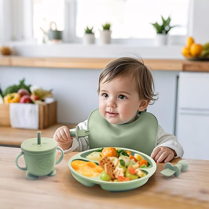Baby Led Weaning Supplies, 17 Piece BPA-Free Silicone Feeding Set, Eating Essentials Baby Utensils with Suction Plate and Bowl, Pocket Bib