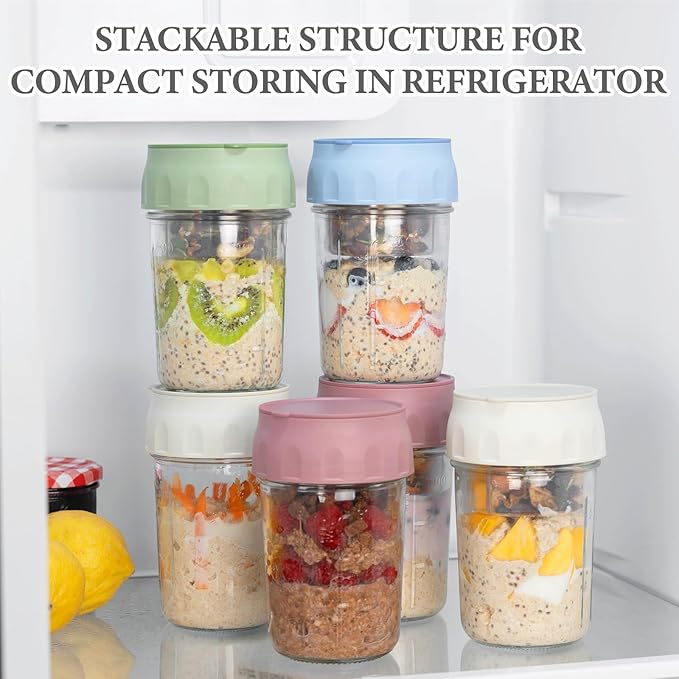 SOLIGT 2 Pack Overnight Oats Containers with Lids, Folding Spoons and Divided Compartments for Fruit & Nuts