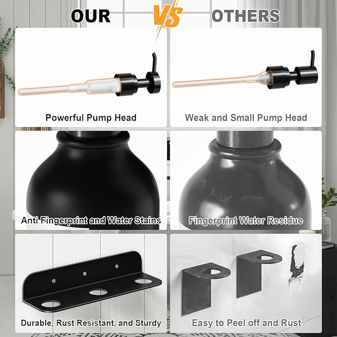 Refillable Shampoo and Conditioner Dispenser Set of 3 - Wall Mounted No Drill Pump with Bottles, 3 Chamber for Shower Soap and Body Wash Dispenser with Labels, Matte Black Bottle for Bathroom (16oz)