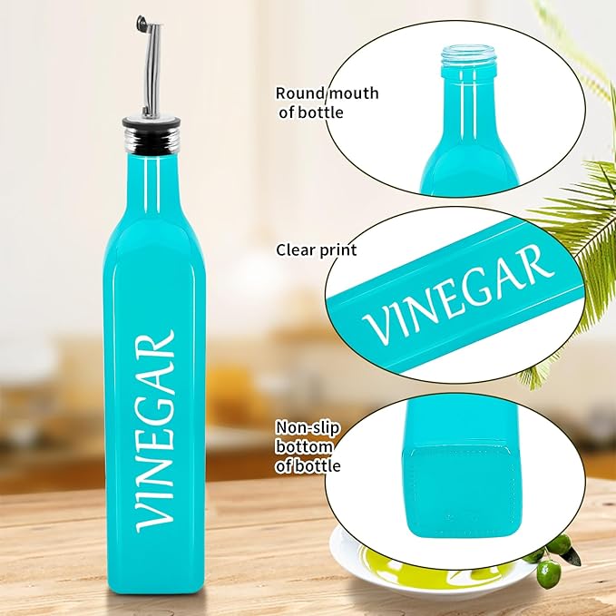 1 Pc 17oz Olive Dispenser Bottle,500ml Glass Oil and Vinegar Dispenser Set with 1 Stainless Steel Pourers,Funnel Bottles for Kitchen (Turquoise Vinegar)