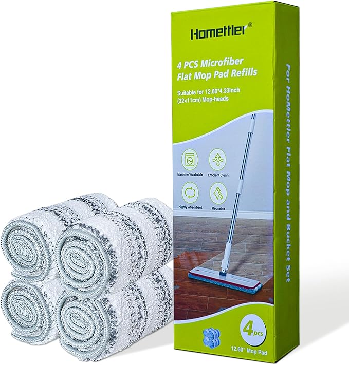 HoMettler Flat Mop Pads, Machine Washable Pads, Microfiber Mop Cleaning Pads, Replacement Flat Mop and Bucket Set, Pack of 4 Pcs 12.60×4.33 inch