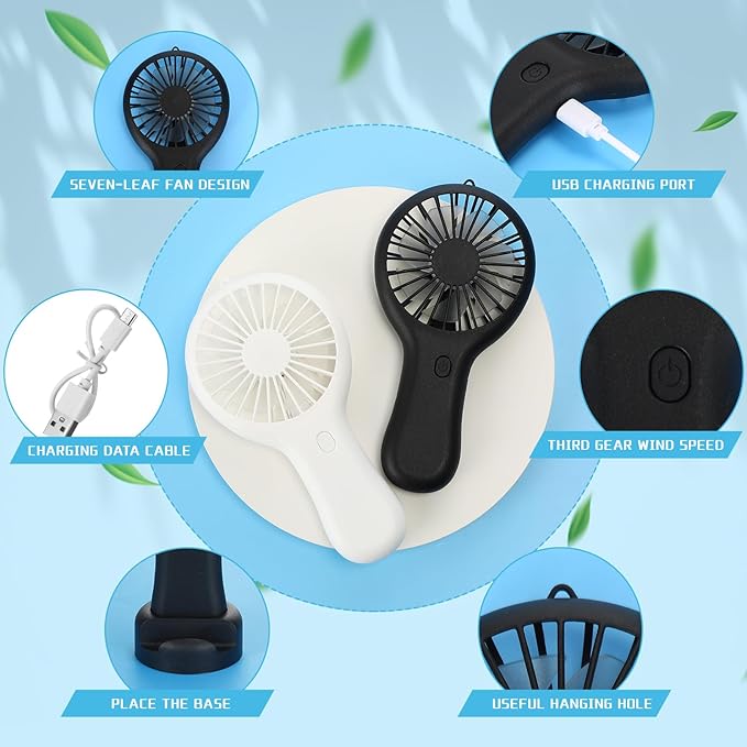 Woanger 24 Pack Mini Powerful Handheld Fan Bulk 3 Speed USB Rechargeable Small Desk Fan Summer Gift for Wedding Beach Outdoor Women Eyelash (White,Black)