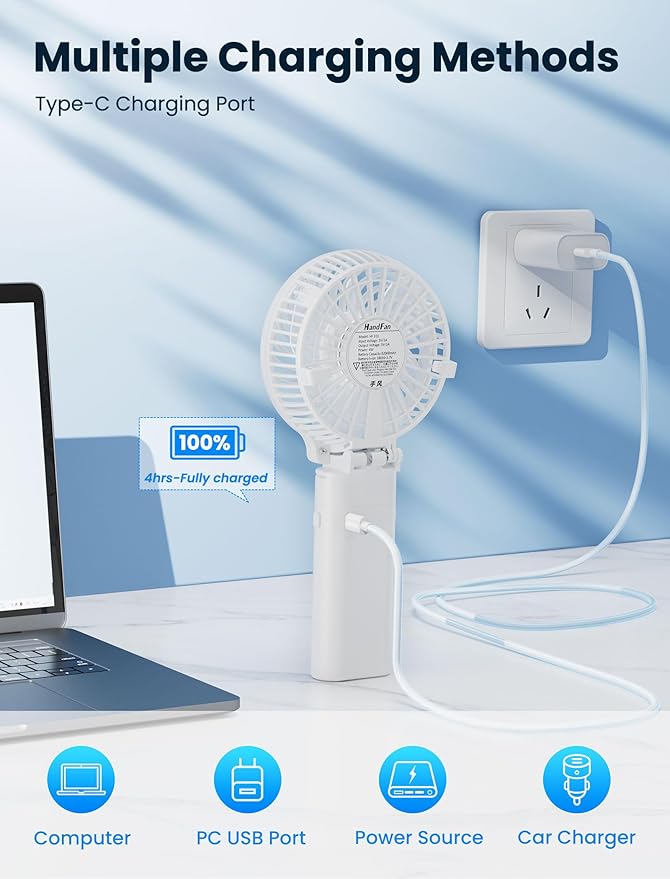 HandFan 5200mAh Portable Handheld Fan - 3 Speeds, 180° Foldable, Rechargeable Personal Cooling Fan, 20H Long Runtime for Travel, Disney, Games, Park, Concerts, Summer & Outdoor Use (White)