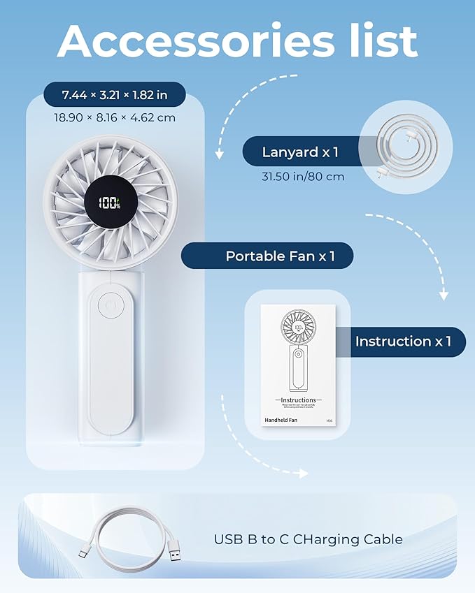 Peiyuu Handheld Portable Fan, 4000mAh USB Rechargeable Personal Fan, 180° Foldable Mini Desk Fan with 6 Wind Speed, LCD Digital Display, Lanyard as Neck Fan, Ultra Quiet
