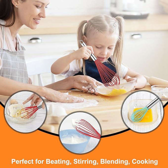HOTEC 4 Pieces Silicone Whisks Set, Wire Balloon Whisks Egg Beater, Non-slip Handle Whisk for Non-stick Cookware Perfect for Cooking, Stirring, Beating and Blending (Multicolor)