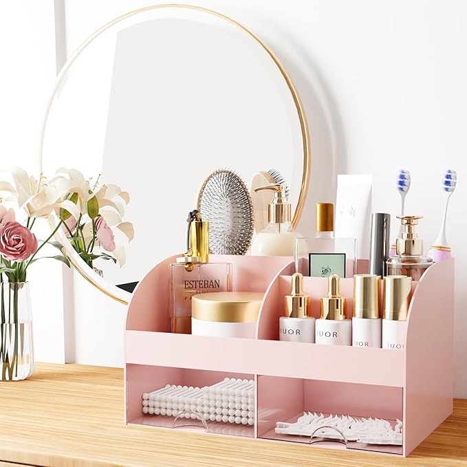 Makeup Organizer with Drawers, Cosmetic Storage for Dresser Vanity and Bathroom Countertop, Beauty Holder for Lipstick Brush, Skincare Organizer for Vanity, Cosmetic Display Case (Pink-2Pack)