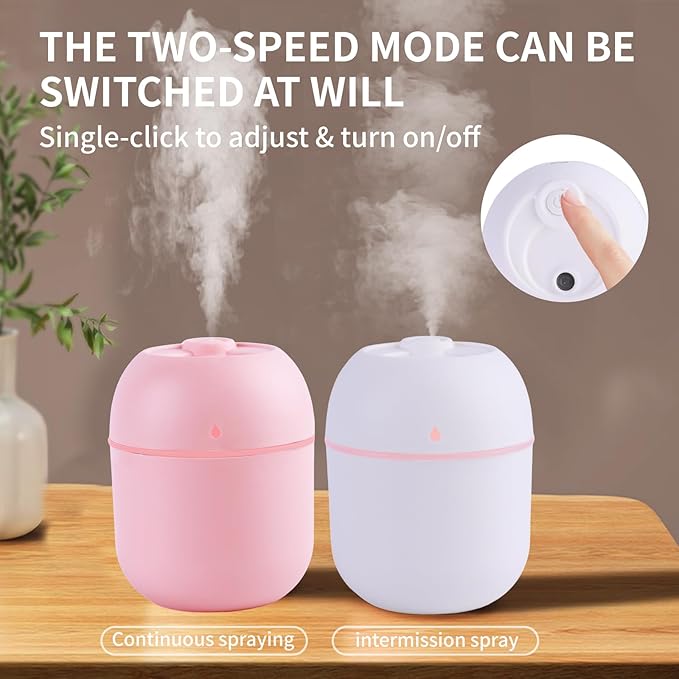 Portable Mini Humidifier Small Cool Mist Humidifier Personal Desktop USB Powered Super Quiet for Travel Car,Office,Baby Bedroom, Night Light, 2 Mist Modes, Auto Shut-off