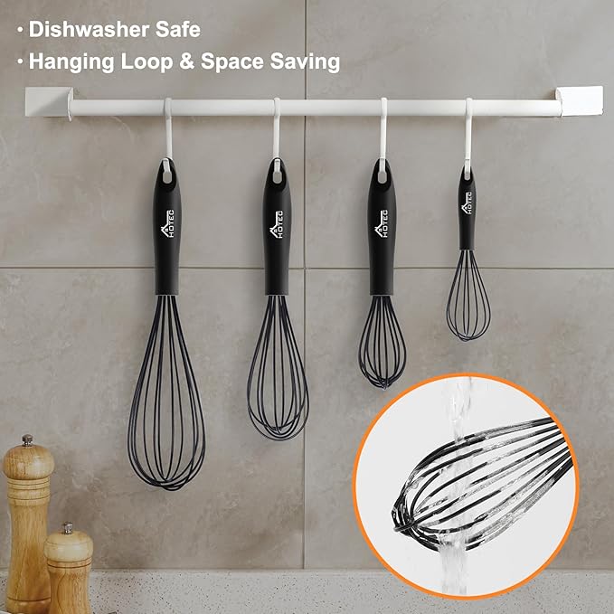 HOTEC 4 Pieces Silicone Whisks Set, Wire Balloon Whisks Egg Beater, Non-slip Handle Whisk for Non-stick Cookware Perfect for Cooking, Stirring, Beating and Blending (Black)