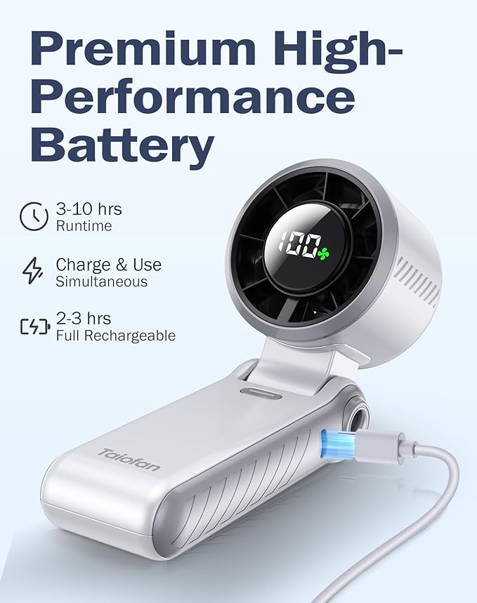 Portable Handheld Turbo Fan with Ice Cooler & LED Display, 5-in-1 Foldable USB Rechargeable 5-Speed Battery Powered Fan, Ideal Gifts for Men & Women, Perfect for Camping (Pearl White)