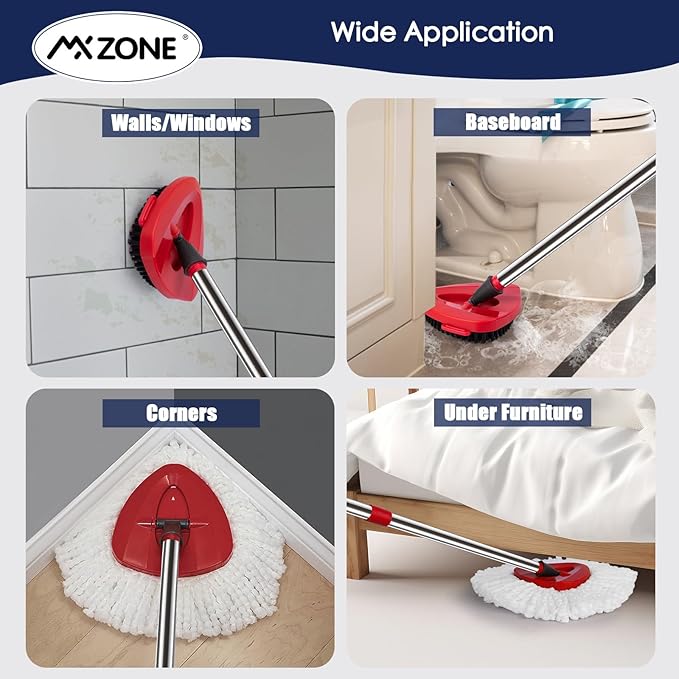Spin Mop Head Replacement Handle Compatible with O Cedar EasyWring 1-Tank System, 4 Mop Replace Heads, 1 Mop Handle, 1 Base and 1 Scrub Brush Combo Set