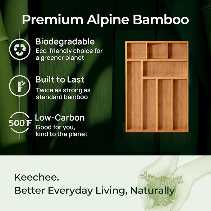 Carbonized Bamboo Kitchen Drawer Organizer, 8 Slots Silverware Organizer