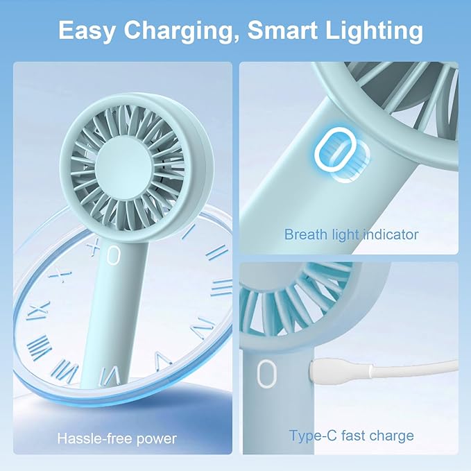 Mini Fan Portable Handheld Fan, USB Rechargeable Personal Fan with Base, 10H Long Lasting Battery Mini Pocket Cooling Fan for Desktop Travel Outdoor Vacation Concert Lash Makeup Use