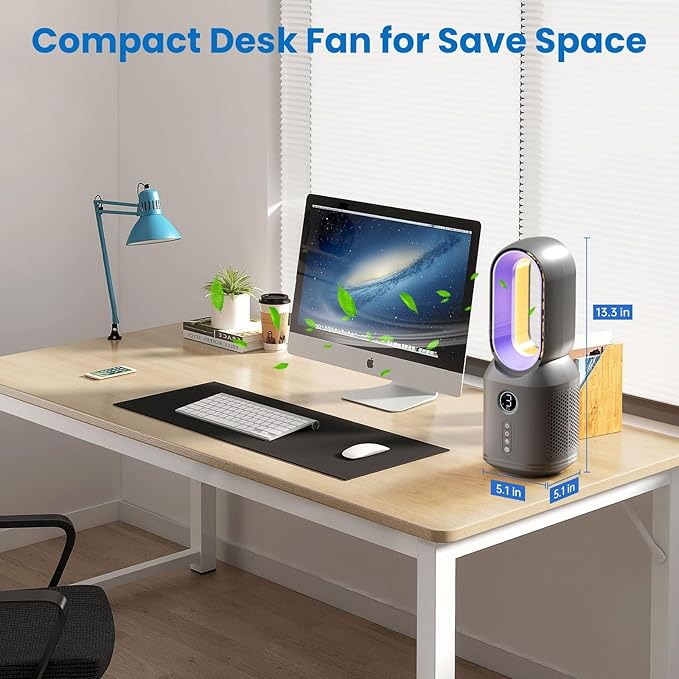 Desk Fan,13 Inch Portable Bladeless Fan, Small Quiet Office Fan with 106° Oscillating, 3 Speeds & Night light, LED Display, Button Control, Personal Table Fan for Bedroom, Office, Home, Study Room